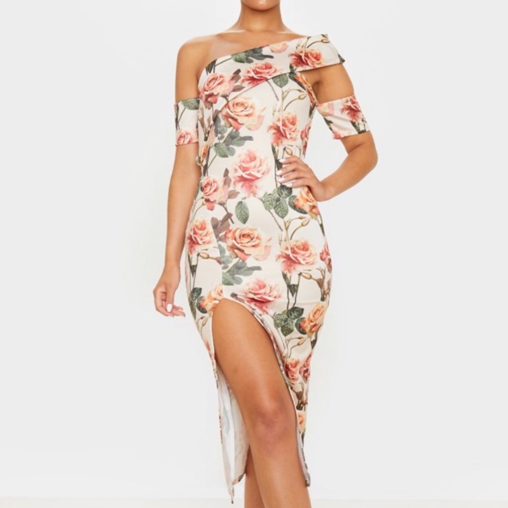 Nude rose print Bardot midi dress